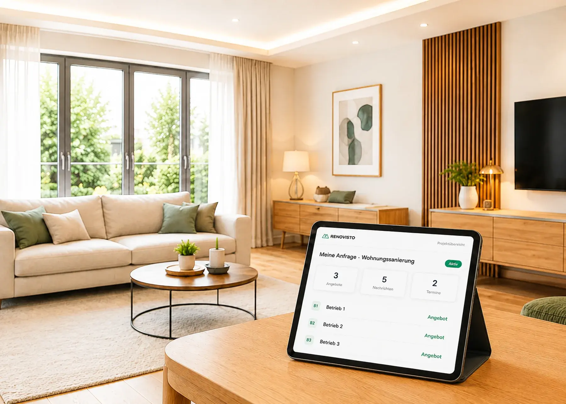 Modern saniertes Wohnzimmer mit der RENOVISTO-Projektübersicht auf dem Tablet